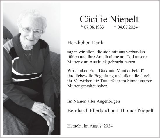 Traueranzeige von Cäcilie Niepelt von Deister- und Weserzeitung