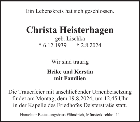 Traueranzeige von Christa Heisterhagen von Deister- und Weserzeitung