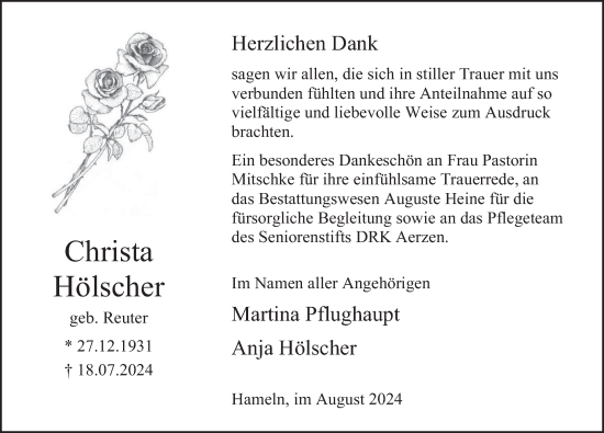 Traueranzeige von Christa Hölscher von Deister- und Weserzeitung