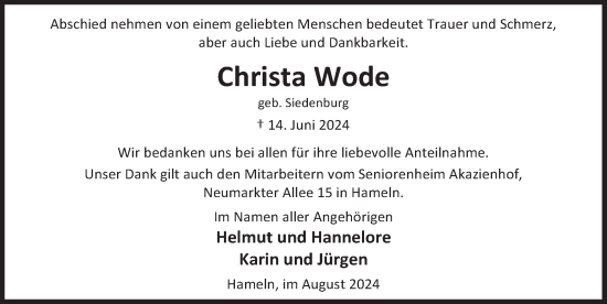 Traueranzeige von Christa Wode von Deister- und Weserzeitung