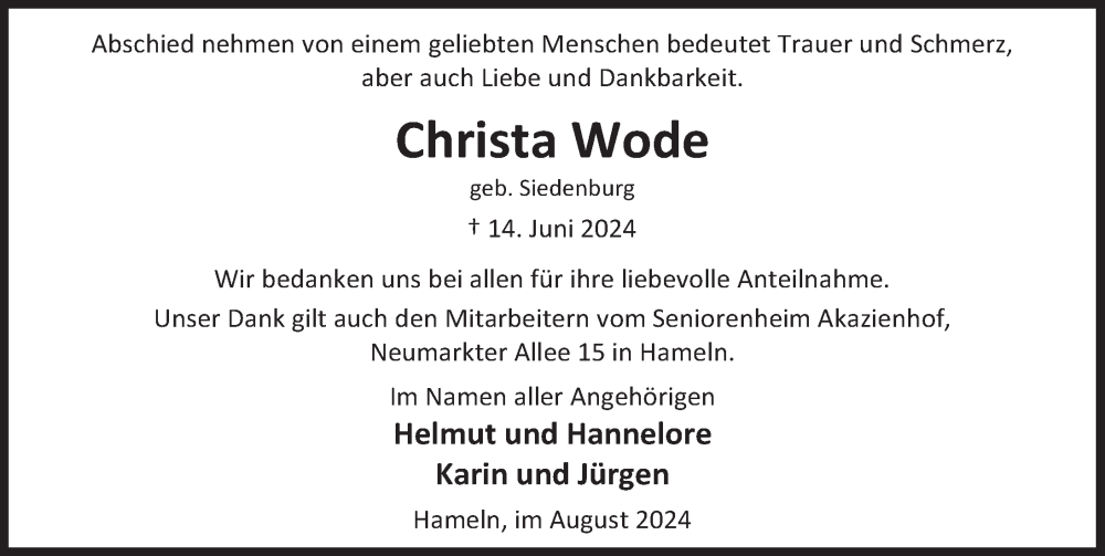  Traueranzeige für Christa Wode vom 09.08.2024 aus Deister- und Weserzeitung