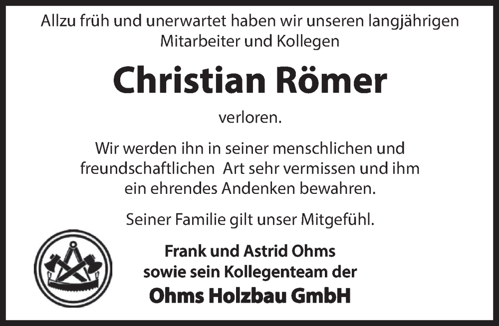  Traueranzeige für Christian Römer vom 03.08.2024 aus Deister- und Weserzeitung