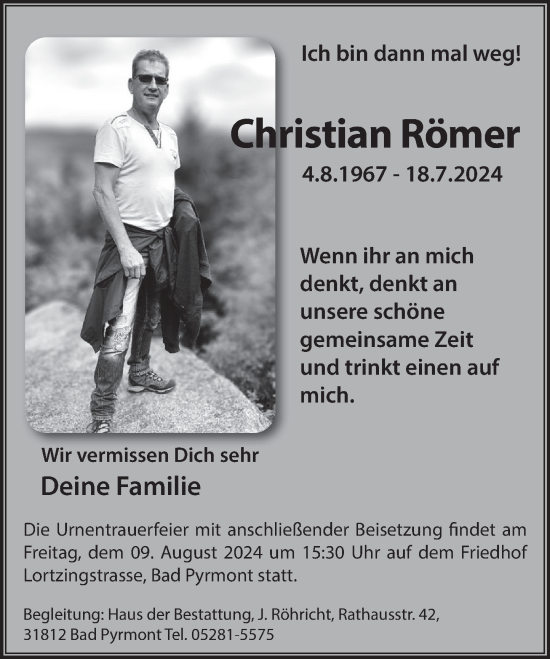 Traueranzeige von Christian Römer von Deister- und Weserzeitung