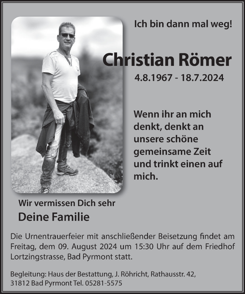  Traueranzeige für Christian Römer vom 03.08.2024 aus Deister- und Weserzeitung