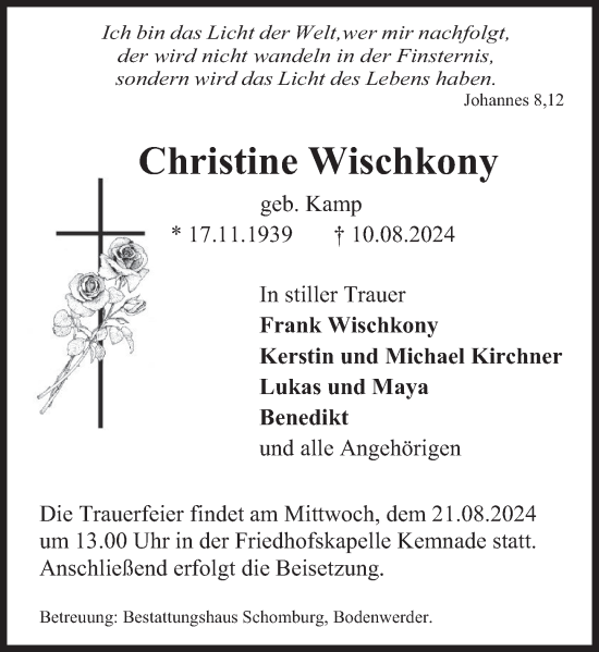 Traueranzeige von Christine Wischkony von Deister- und Weserzeitung