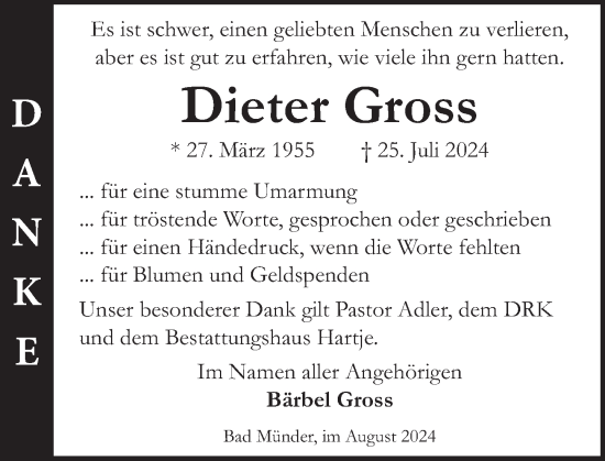 Traueranzeige von Dieter Gross von Neue Deister-Zeitung