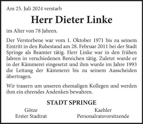 Traueranzeige von Dieter Linke von Neue Deister-Zeitung