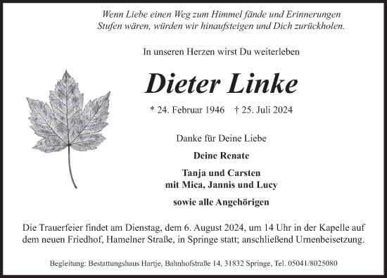 Traueranzeige von Dieter Linke von Neue Deister-Zeitung