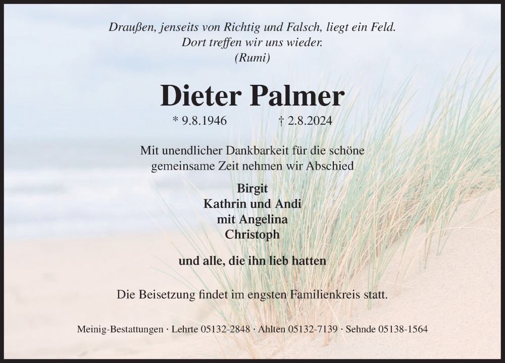  Traueranzeige für Dieter Palmer vom 10.08.2024 aus Neue Deister-Zeitung