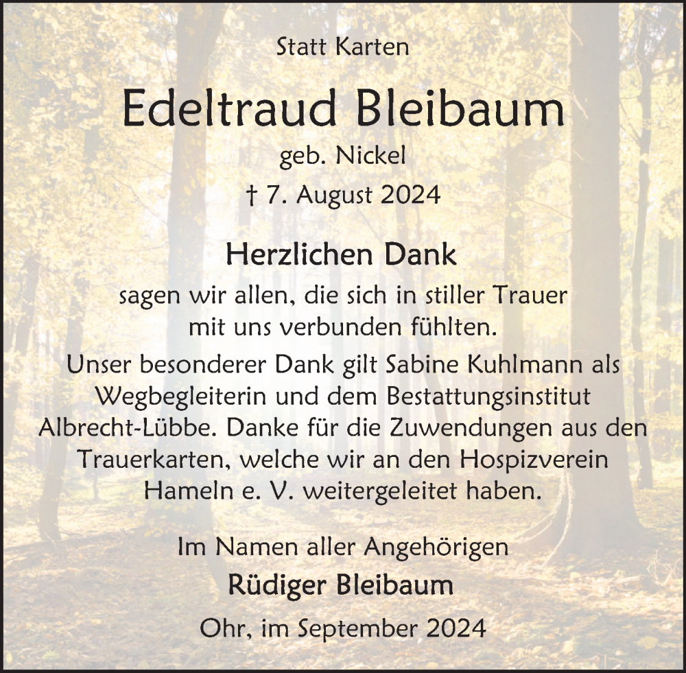  Traueranzeige für Edeltraud Bleibaum vom 07.09.2024 aus Deister- und Weserzeitung