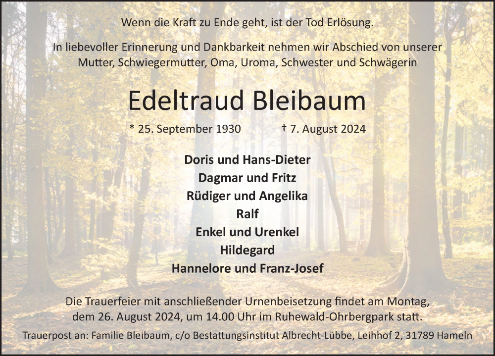  Traueranzeige für Edeltraud Bleibaum vom 17.08.2024 aus Deister- und Weserzeitung