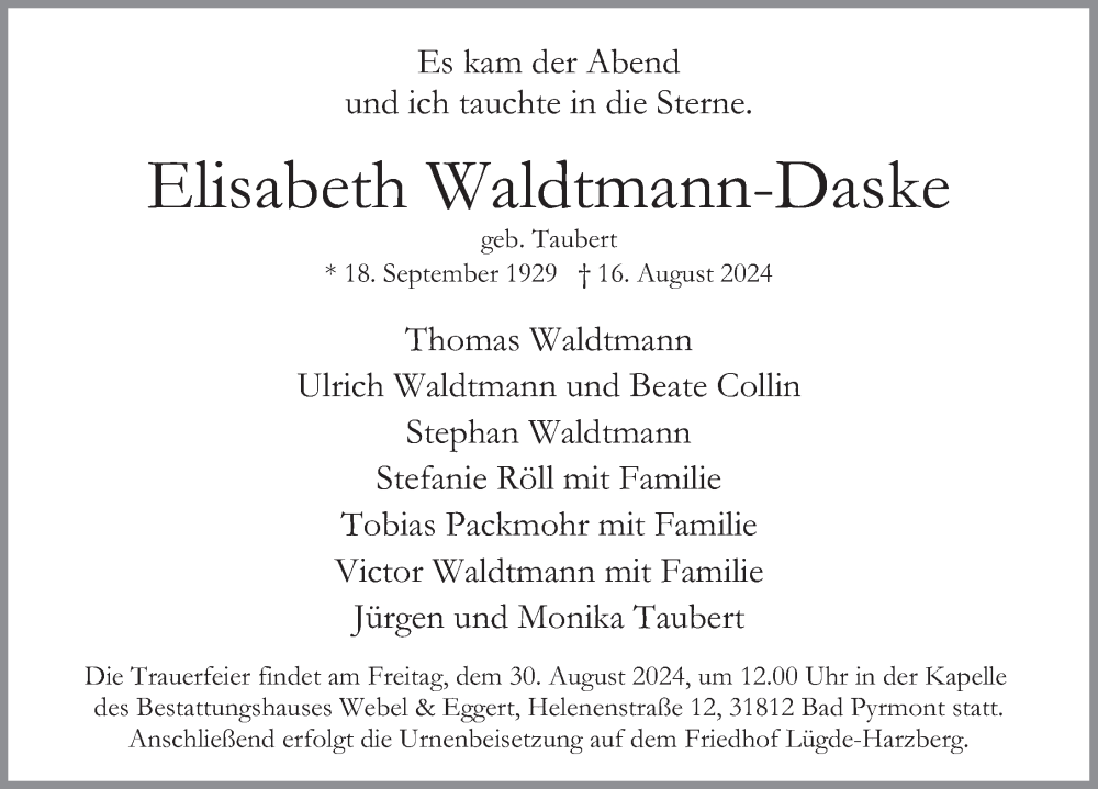  Traueranzeige für Elisabeth Waldtmann-Daske vom 24.08.2024 aus Deister- und Weserzeitung