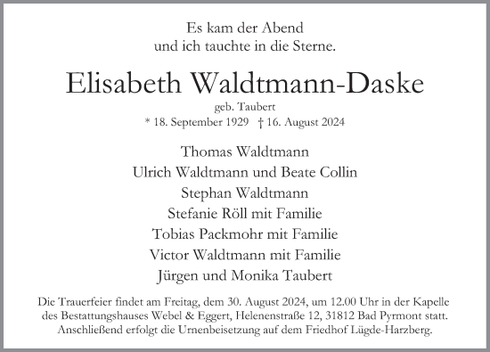 Traueranzeige von Elisabeth Waldtmann-Daske von Deister- und Weserzeitung