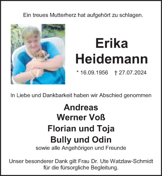 Traueranzeige von Erika Heidemann von Deister- und Weserzeitung