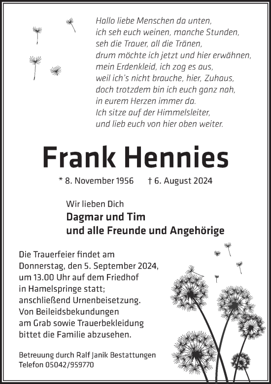 Traueranzeige von Frank Hennies von Neue Deister-Zeitung