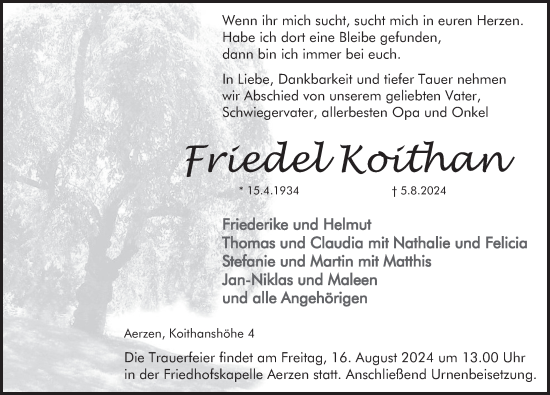 Traueranzeige von Friedel Koithan von Deister- und Weserzeitung