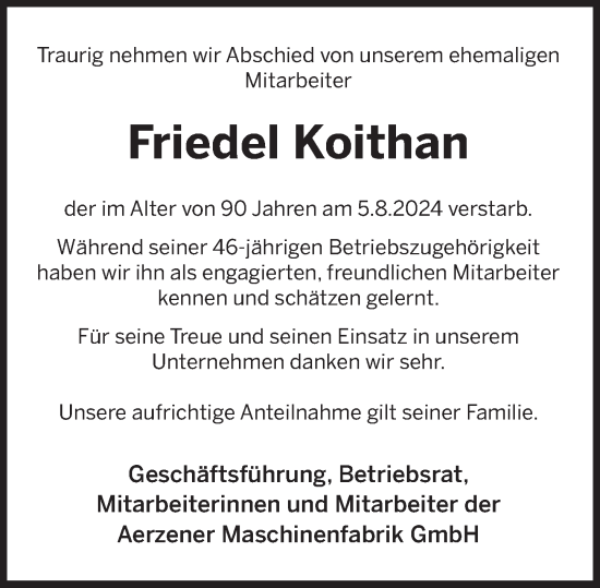 Traueranzeige von Friedel Koithan von Deister- und Weserzeitung