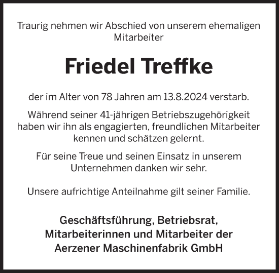 Traueranzeige von Friedel Treffke von Deister- und Weserzeitung