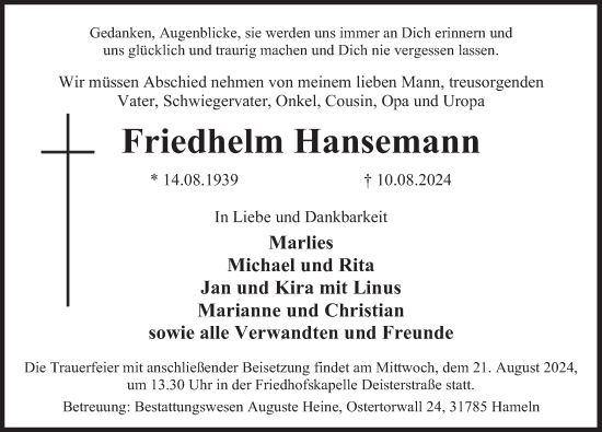 Traueranzeige von Friedhelm Hansemann von Deister- und Weserzeitung