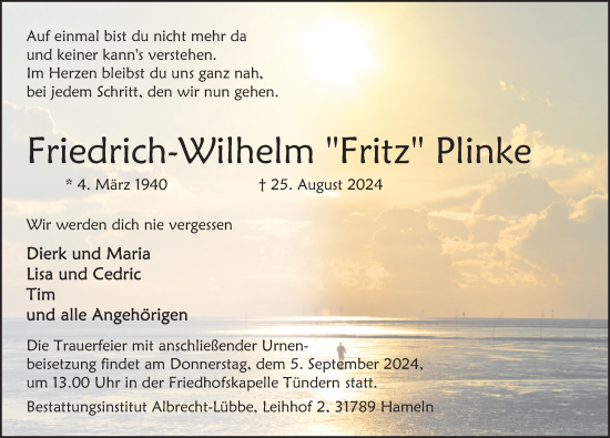 Traueranzeige von Friedrich-Wilhelm Plinke von Deister- und Weserzeitung