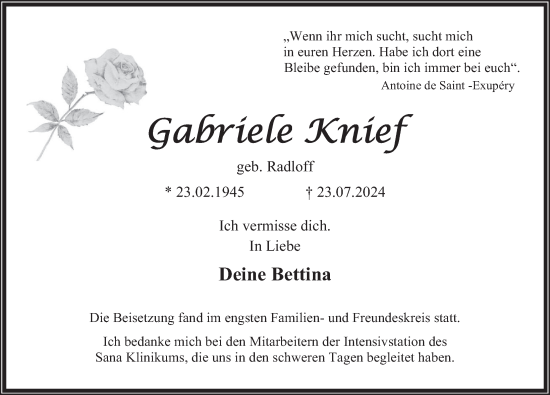 Traueranzeige von Gabriele Knief von Deister- und Weserzeitung