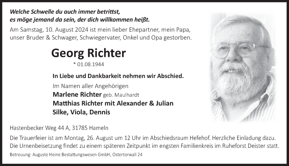  Traueranzeige für Georg Richter vom 21.08.2024 aus Deister- und Weserzeitung