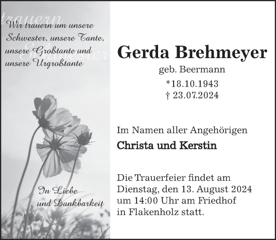 Traueranzeige von Gerda Brehmeyer von Deister- und Weserzeitung