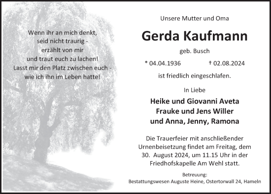 Traueranzeige von Gerda Kaufmann von Deister- und Weserzeitung