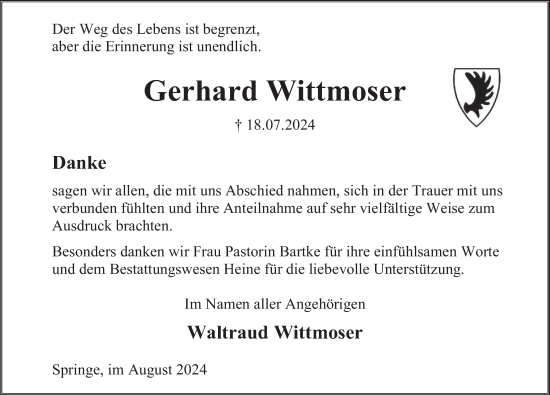 Traueranzeige von Gerhard Wittmoser von Neue Deister-Zeitung