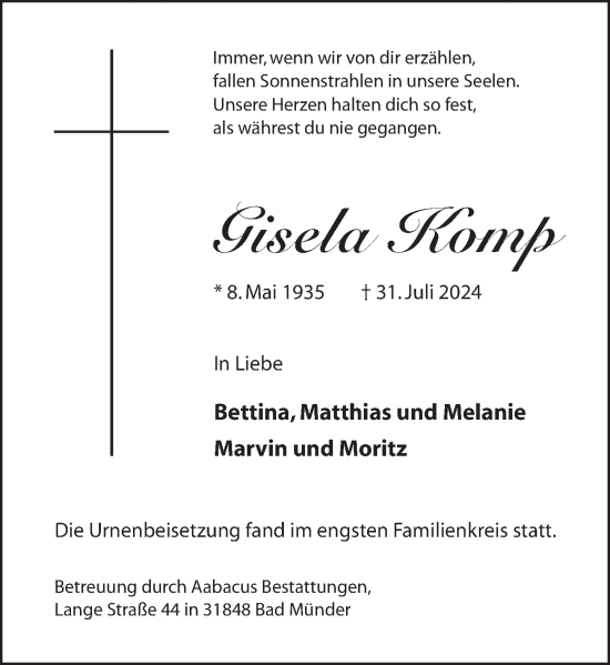 Traueranzeige von Gisela Komp von Neue Deister-Zeitung