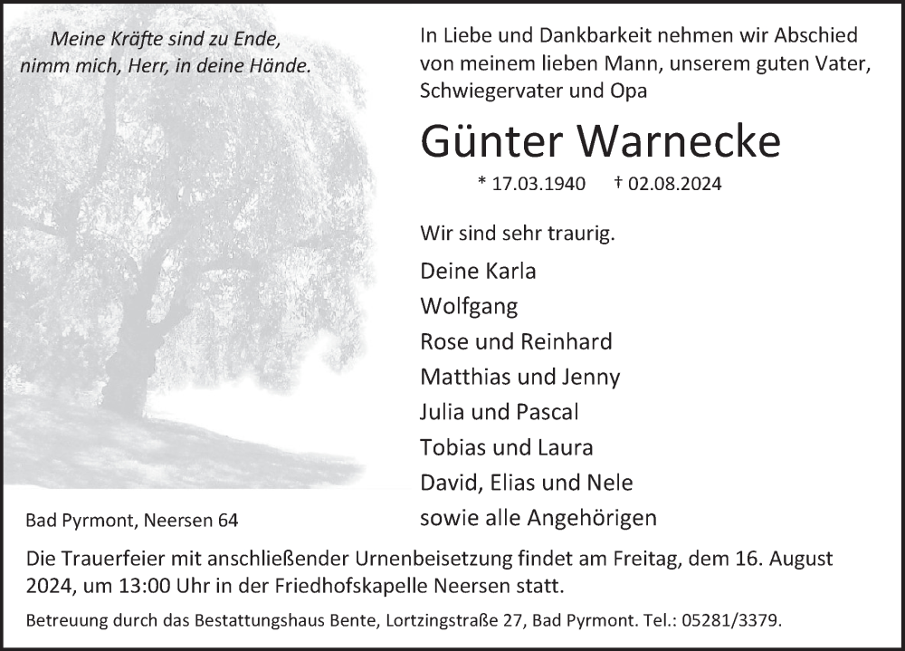  Traueranzeige für Günter Warnecke vom 10.08.2024 aus Deister- und Weserzeitung