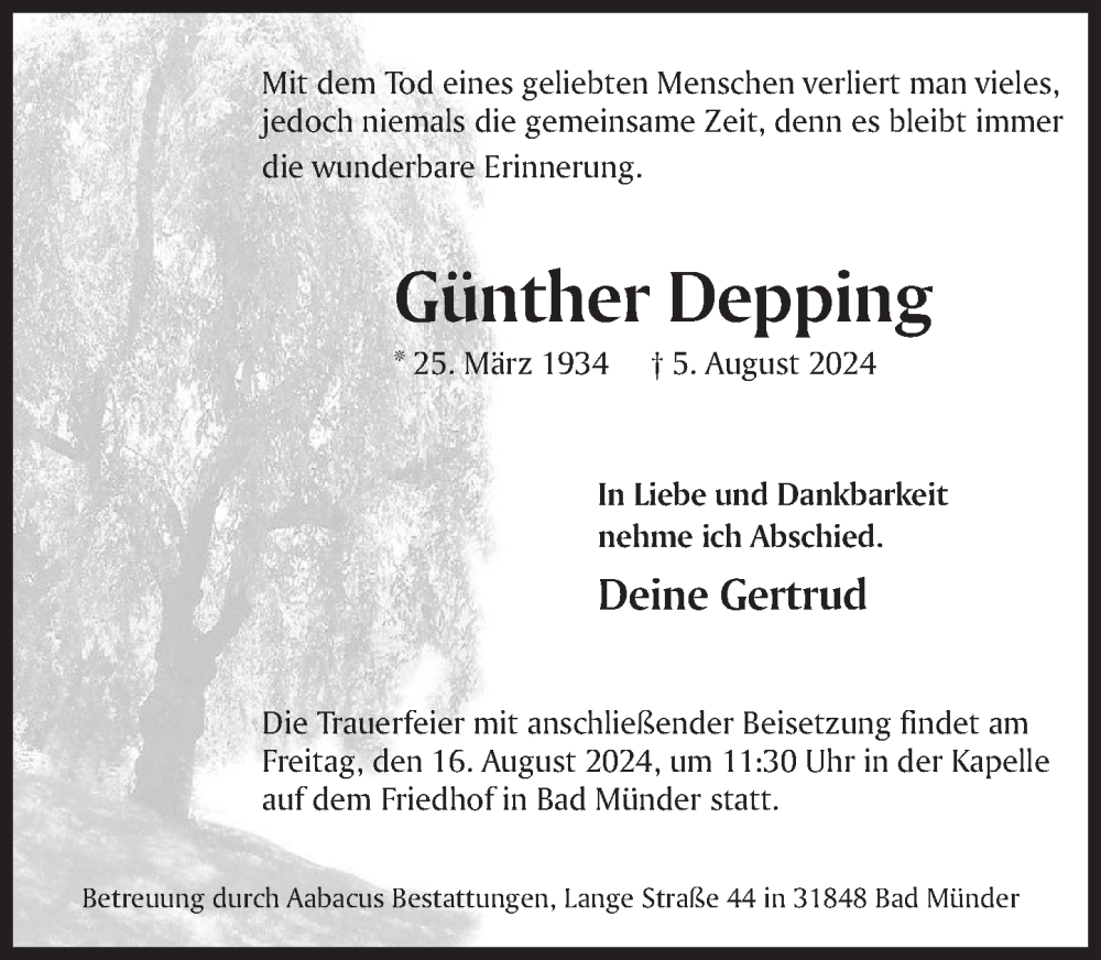  Traueranzeige für Günther Depping vom 10.08.2024 aus Deister- und Weserzeitung