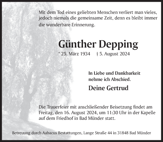 Traueranzeige von Günther Depping von Deister- und Weserzeitung