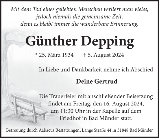 Traueranzeige von Günther Depping von Neue Deister-Zeitung