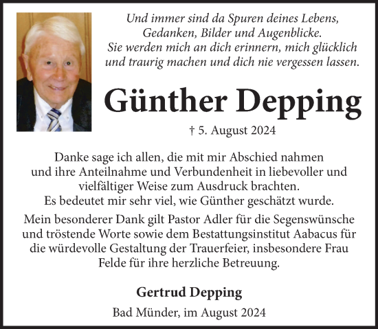 Traueranzeige von Günther Depping von Deister- und Weserzeitung