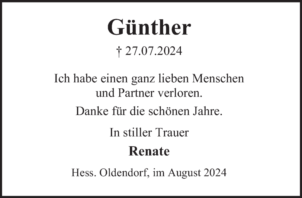  Traueranzeige für Günther Hansper vom 03.08.2024 aus Deister- und Weserzeitung
