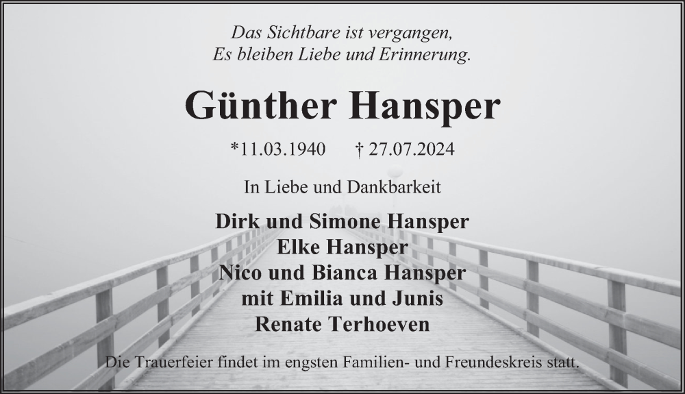  Traueranzeige für Günther Hansper vom 03.08.2024 aus Deister- und Weserzeitung