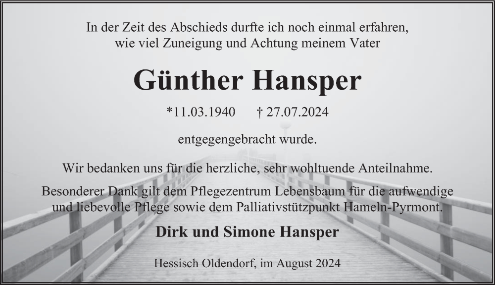  Traueranzeige für Günther Hansper vom 31.08.2024 aus Deister- und Weserzeitung