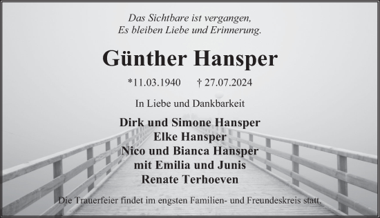 Traueranzeige von Günther Hansper von Deister- und Weserzeitung