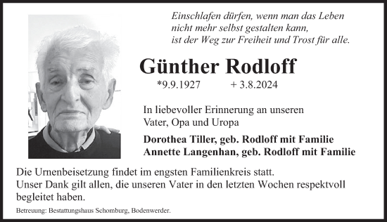 Traueranzeige von Günther Rodloff von Deister- und Weserzeitung