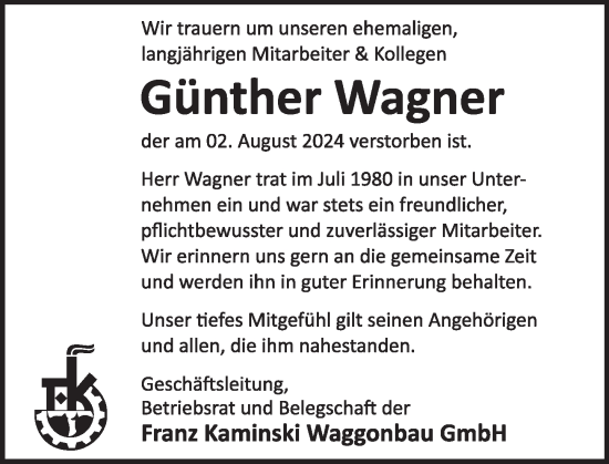 Traueranzeige von Günther Wagner von Deister- und Weserzeitung