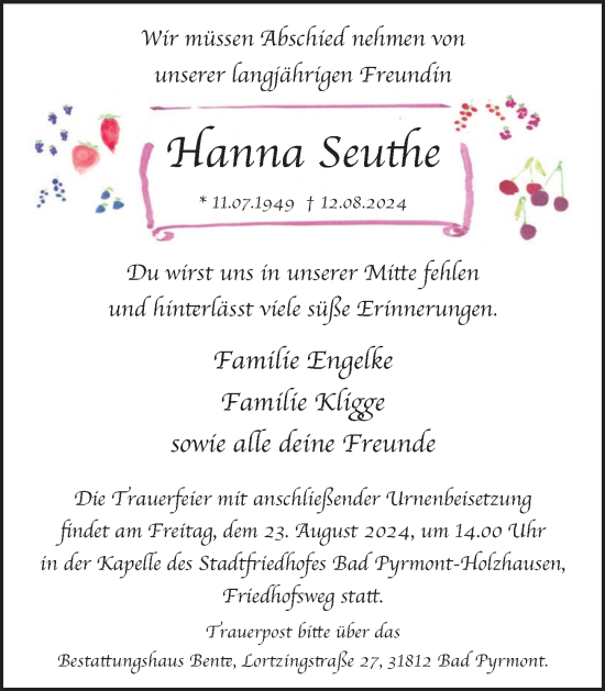 Traueranzeige von Hanna Seuthe von Deister- und Weserzeitung