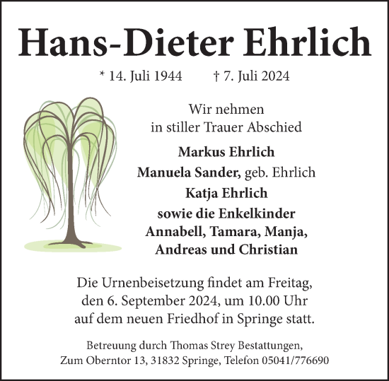 Traueranzeige von Hans-Dieter Ehrlich von Neue Deister-Zeitung