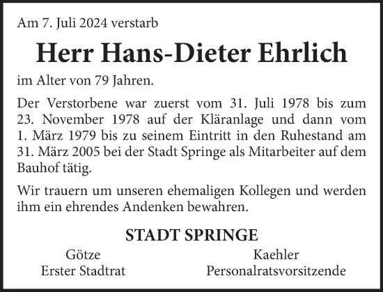 Traueranzeige von Hans-Dieter Ehrlich von Neue Deister-Zeitung