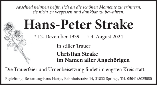 Traueranzeige von Hans-Peter Strake von Neue Deister-Zeitung