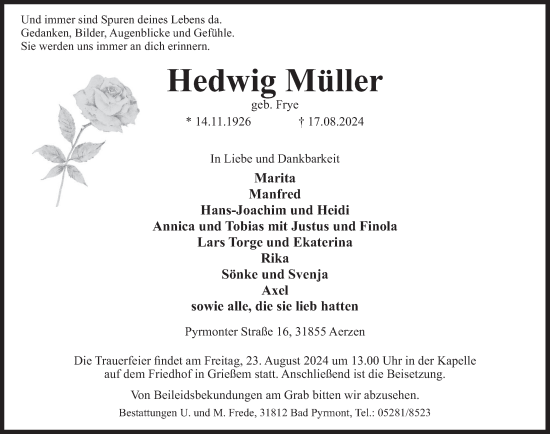 Traueranzeige von Hedwig Müller von Deister- und Weserzeitung