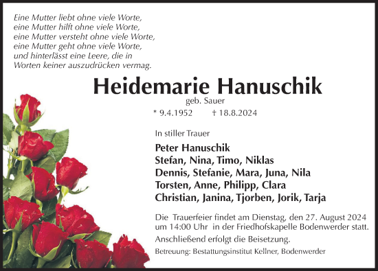 Traueranzeige von Heidemarie Hanuschik von Deister- und Weserzeitung