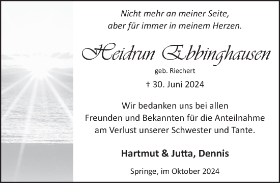 Traueranzeige von Heidrun Ebbinghausen von Neue Deister-Zeitung