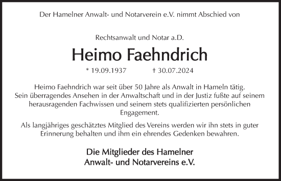 Traueranzeige von Heimo Faehndrich von Deister- und Weserzeitung