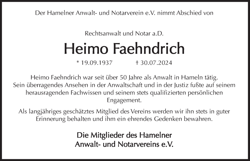  Traueranzeige für Heimo Faehndrich vom 10.08.2024 aus Deister- und Weserzeitung